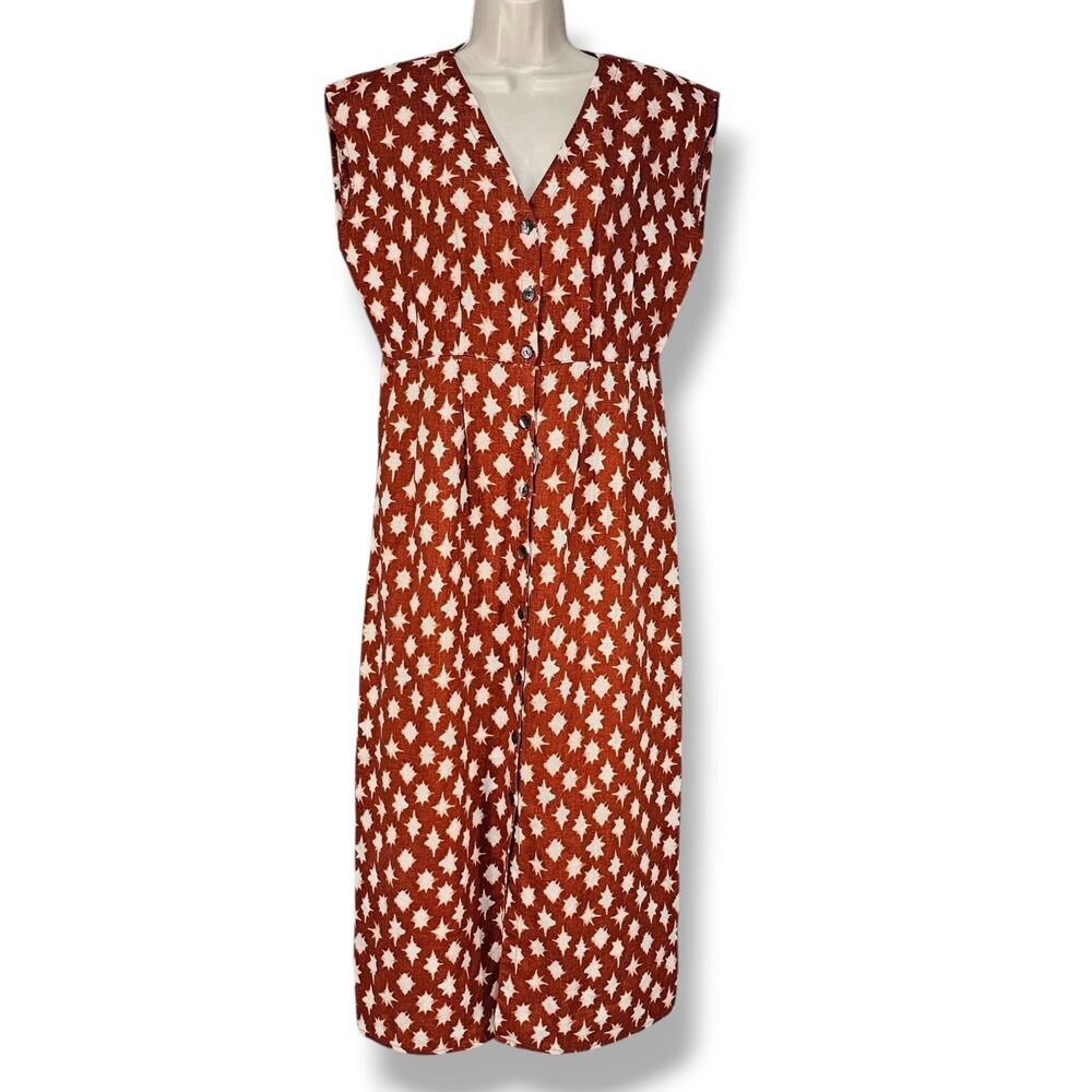 Garnet Hill European Flax Linen Geometric Starburst Button Front Midi Dress Sz 2